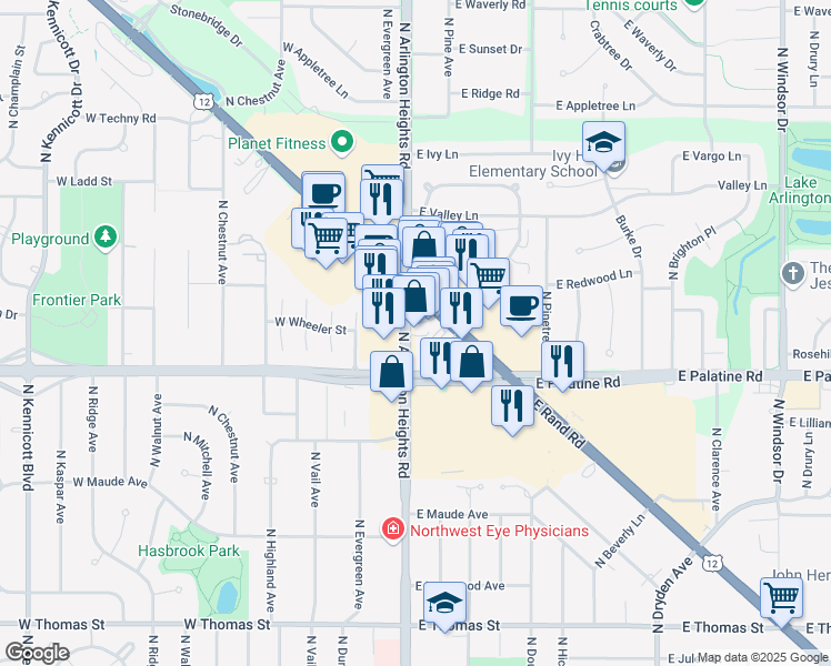 map of restaurants, bars, coffee shops, grocery stores, and more near 309 East Rand Road in Arlington Heights