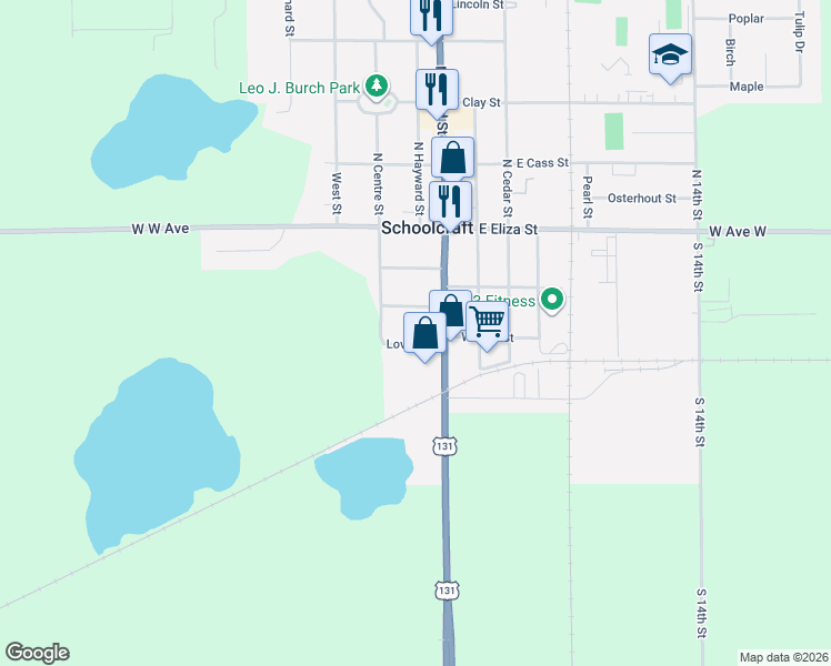 map of restaurants, bars, coffee shops, grocery stores, and more near 128 Lovell in Schoolcraft