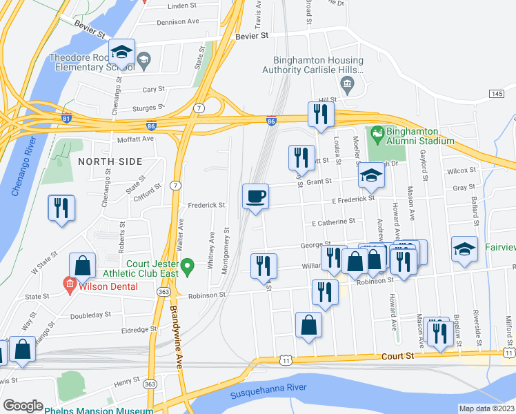 map of restaurants, bars, coffee shops, grocery stores, and more near 75 Griswold Street in Binghamton