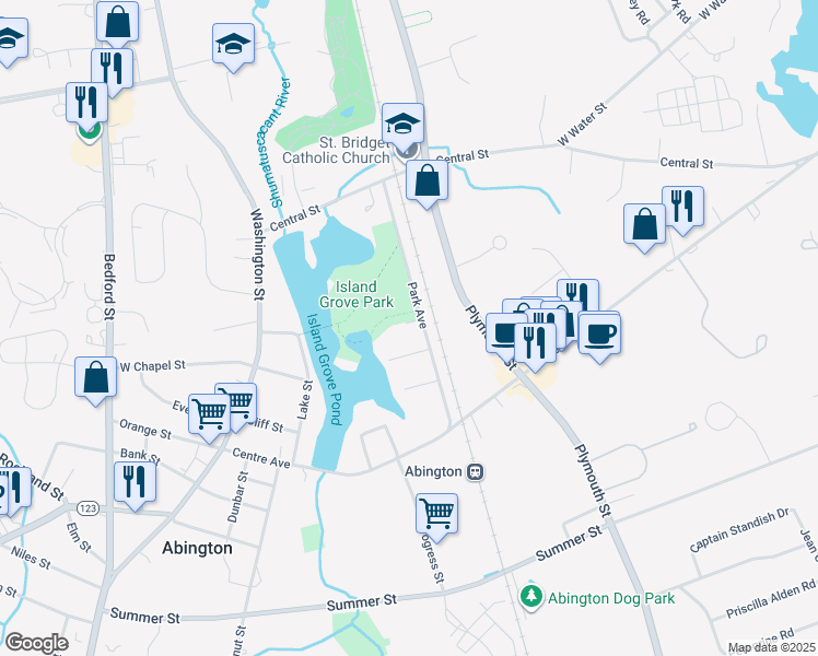 map of restaurants, bars, coffee shops, grocery stores, and more near 104 Park Avenue in Abington