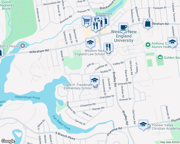 map of restaurants, bars, coffee shops, grocery stores, and more near 115 Kirk Drive in Springfield