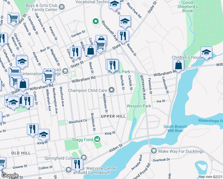 map of restaurants, bars, coffee shops, grocery stores, and more near 66 Suffolk Street in Springfield