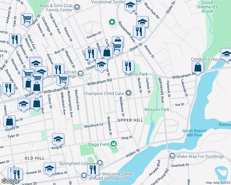 map of restaurants, bars, coffee shops, grocery stores, and more near 51 Wellington Street in Springfield