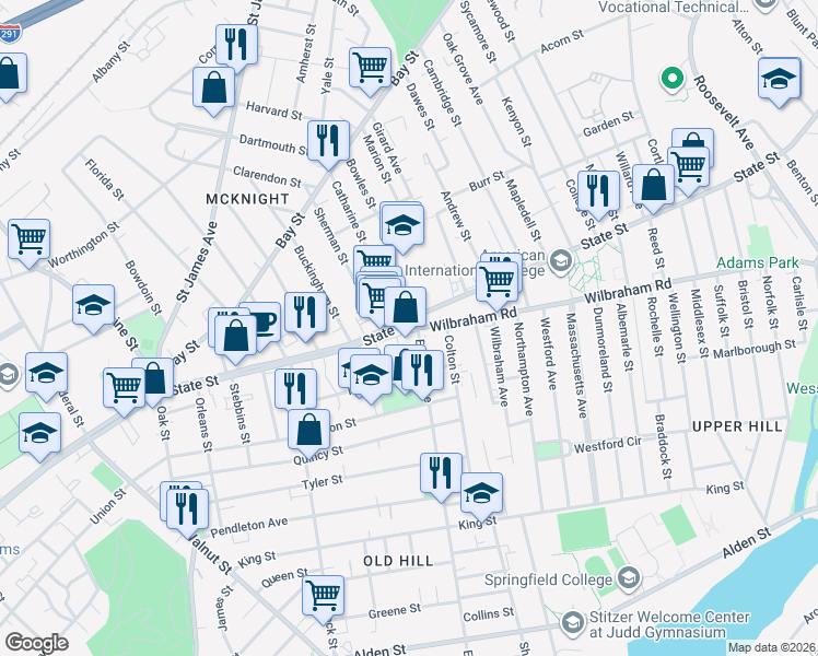 map of restaurants, bars, coffee shops, grocery stores, and more near 827 State Street in Springfield