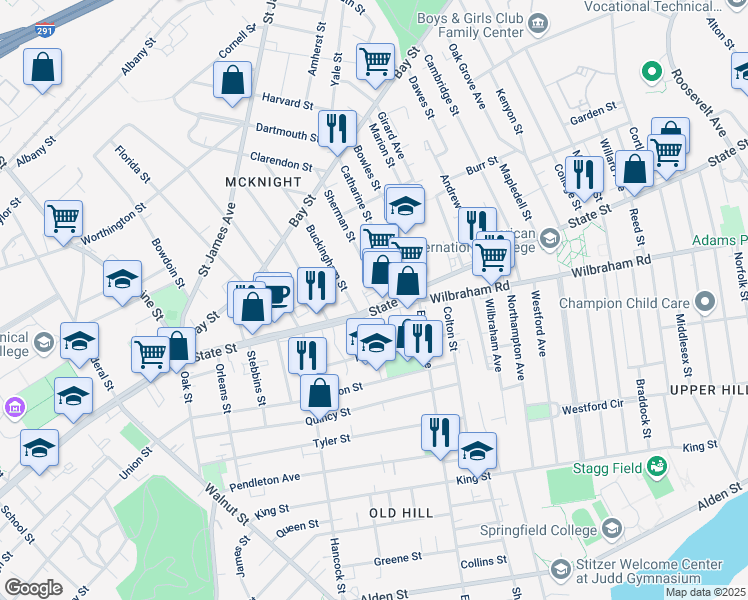 map of restaurants, bars, coffee shops, grocery stores, and more near in Springfield