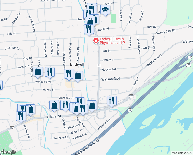 map of restaurants, bars, coffee shops, grocery stores, and more near 3513 Watson Boulevard in Endicott