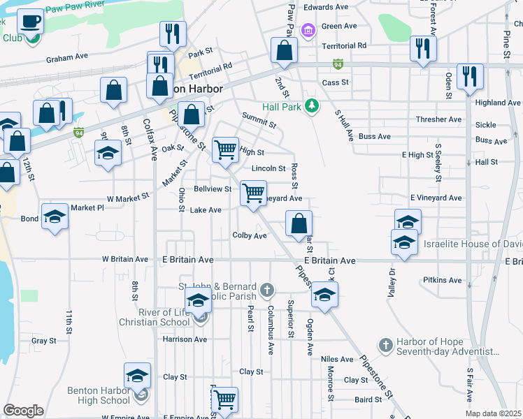 map of restaurants, bars, coffee shops, grocery stores, and more near 385 Pipestone Street in Benton Harbor