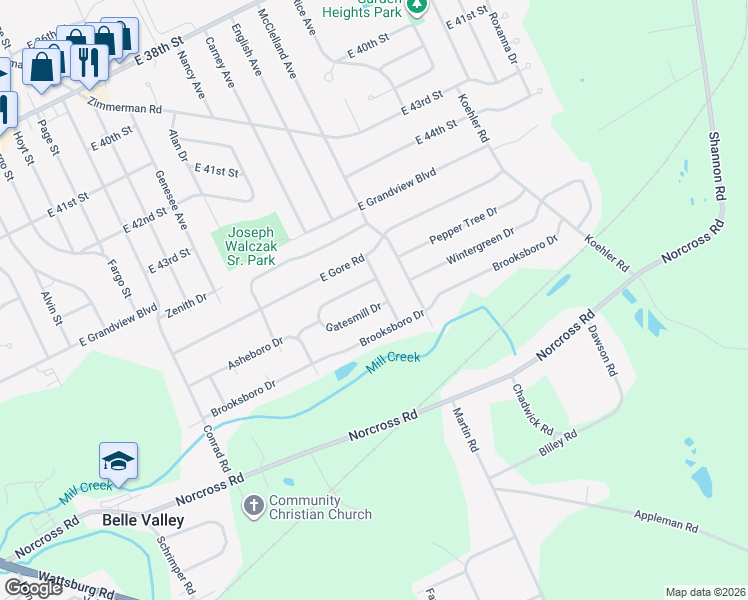 map of restaurants, bars, coffee shops, grocery stores, and more near 2246 Gatesmill Dr in Erie