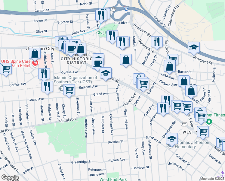 map of restaurants, bars, coffee shops, grocery stores, and more near 13-15 Grand Avenue in Johnson City