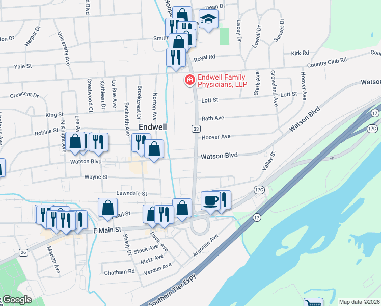 map of restaurants, bars, coffee shops, grocery stores, and more near 3513 Watson Boulevard in Endicott