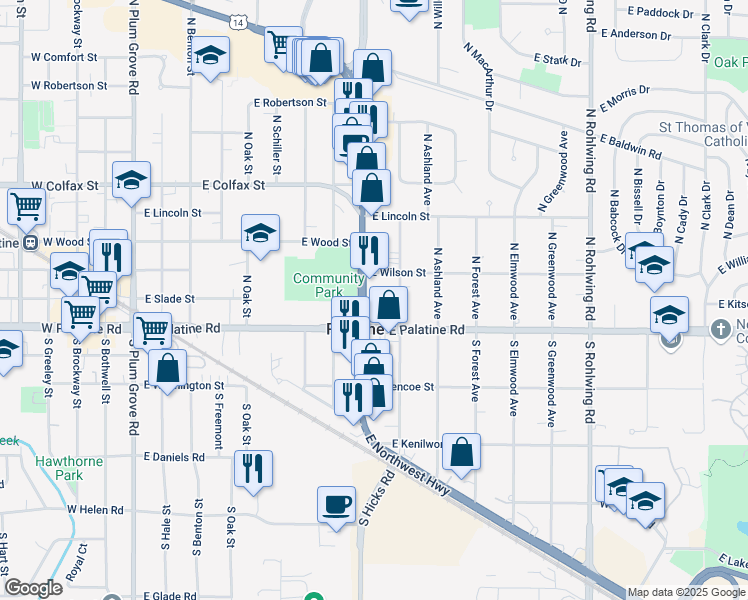 map of restaurants, bars, coffee shops, grocery stores, and more near in Palatine