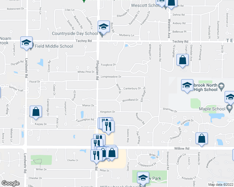 map of restaurants, bars, coffee shops, grocery stores, and more near 2290 Wood Drive in Northbrook