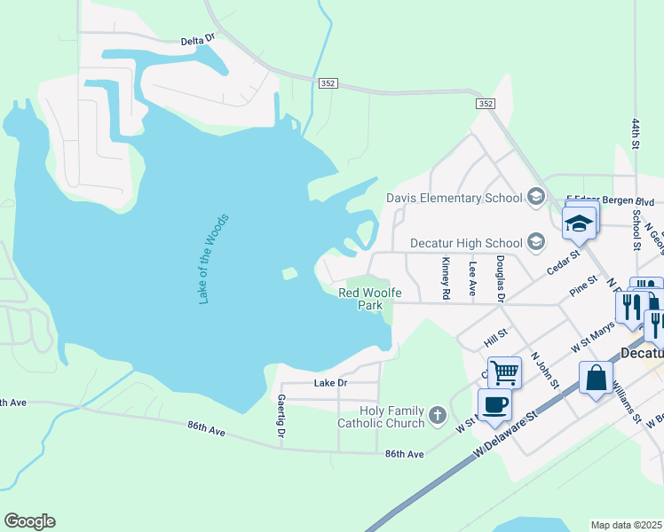 map of restaurants, bars, coffee shops, grocery stores, and more near 45468 Lake Drive in Decatur