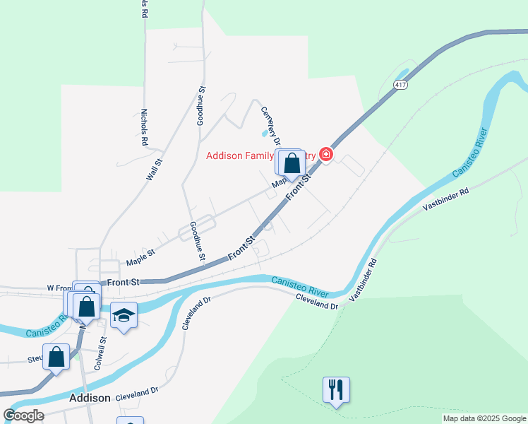 map of restaurants, bars, coffee shops, grocery stores, and more near 105 Front Street in Addison