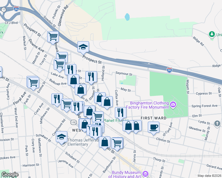 map of restaurants, bars, coffee shops, grocery stores, and more near 36 Holland Street in Binghamton