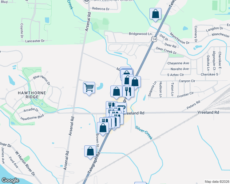 map of restaurants, bars, coffee shops, grocery stores, and more near 26801 Emma Avenue in Flat Rock