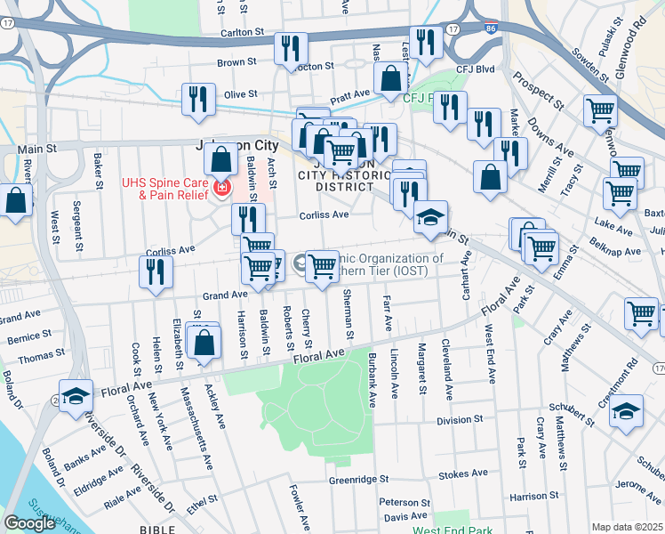 map of restaurants, bars, coffee shops, grocery stores, and more near 122 Endicott Avenue in Johnson City