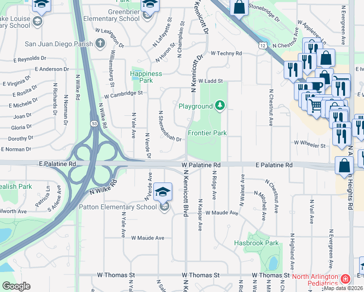 map of restaurants, bars, coffee shops, grocery stores, and more near 1109 Greenbriar Court in Arlington Heights