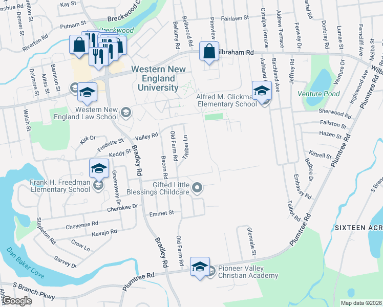 map of restaurants, bars, coffee shops, grocery stores, and more near 29 Timber Lane in Springfield
