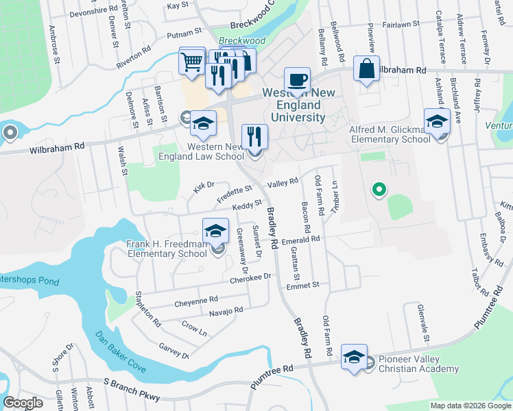 map of restaurants, bars, coffee shops, grocery stores, and more near 708 Bradley Road in Springfield