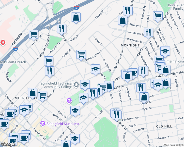 map of restaurants, bars, coffee shops, grocery stores, and more near 40 Lincoln Street in Springfield