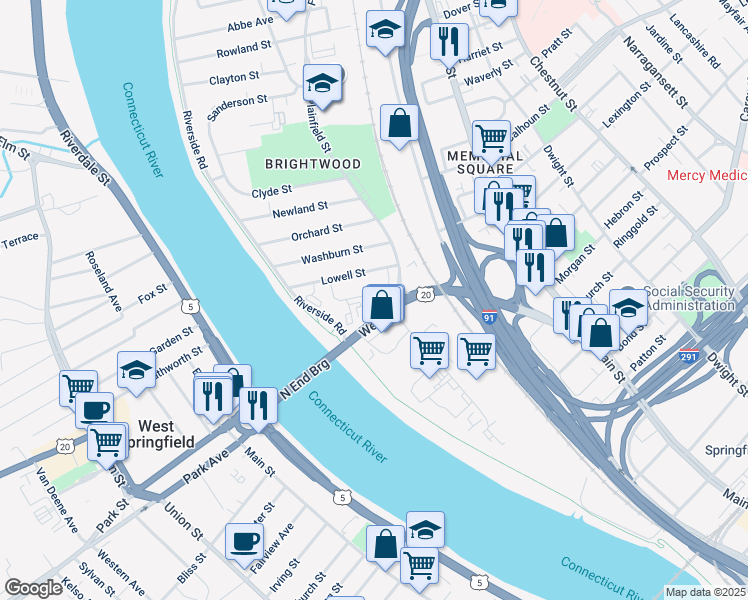 map of restaurants, bars, coffee shops, grocery stores, and more near 52 West Street in Springfield