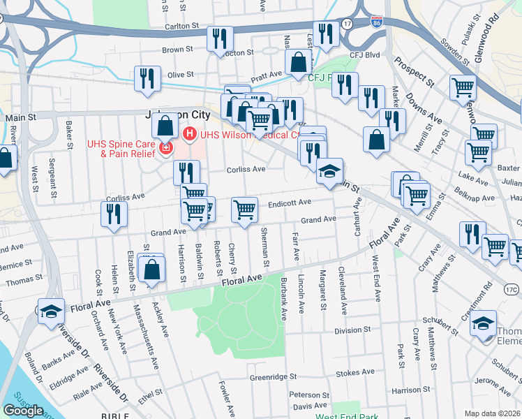 map of restaurants, bars, coffee shops, grocery stores, and more near 131 Grand Avenue in Johnson City