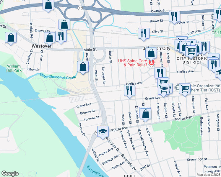 map of restaurants, bars, coffee shops, grocery stores, and more near 675 Riverside Drive in Johnson City