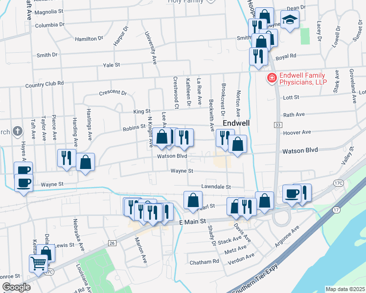 map of restaurants, bars, coffee shops, grocery stores, and more near 3013 Watson Boulevard in Endicott