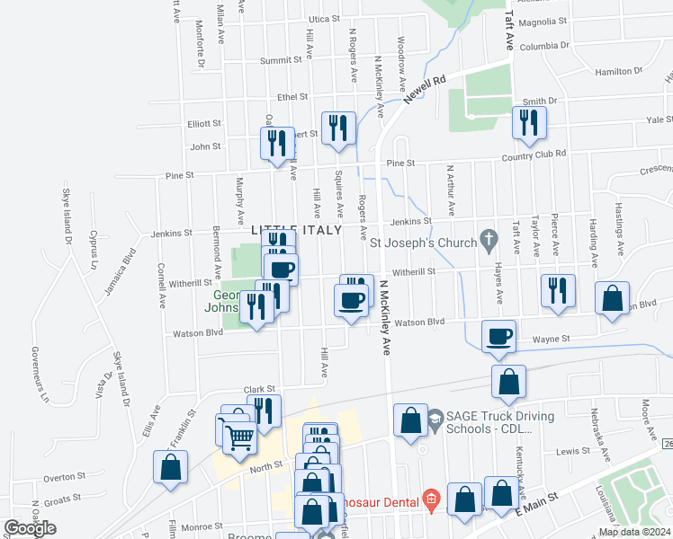 map of restaurants, bars, coffee shops, grocery stores, and more near 128 Squires Avenue in Endicott