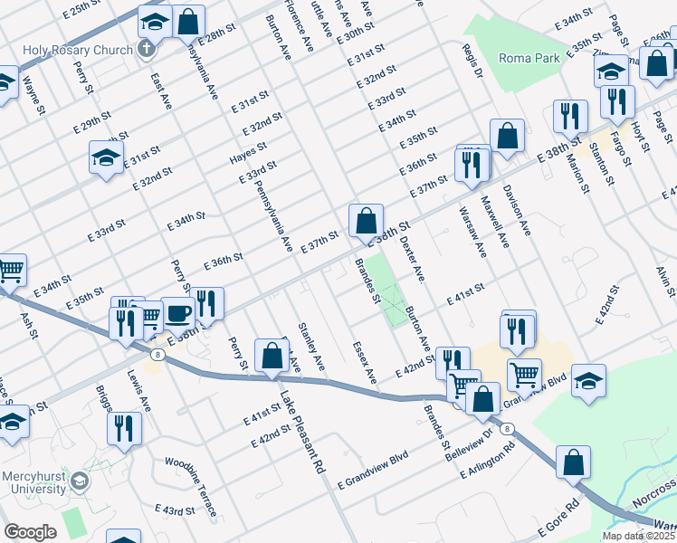 map of restaurants, bars, coffee shops, grocery stores, and more near 3800-3820 Essex Avenue in Erie