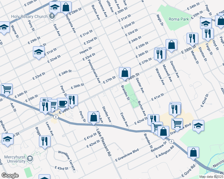 map of restaurants, bars, coffee shops, grocery stores, and more near 3800-3820 Essex Avenue in Erie