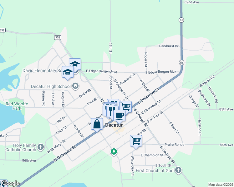 map of restaurants, bars, coffee shops, grocery stores, and more near 118 Eli Street in Decatur
