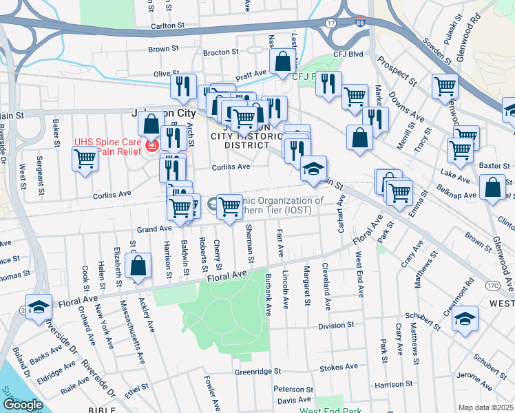 map of restaurants, bars, coffee shops, grocery stores, and more near 99 Grand Avenue in Johnson City