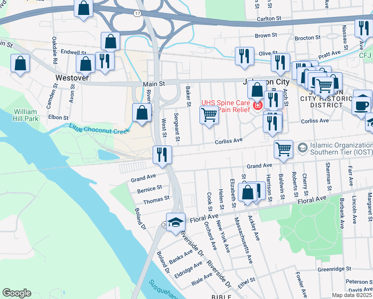 map of restaurants, bars, coffee shops, grocery stores, and more near 675 Riverside Drive in Johnson City