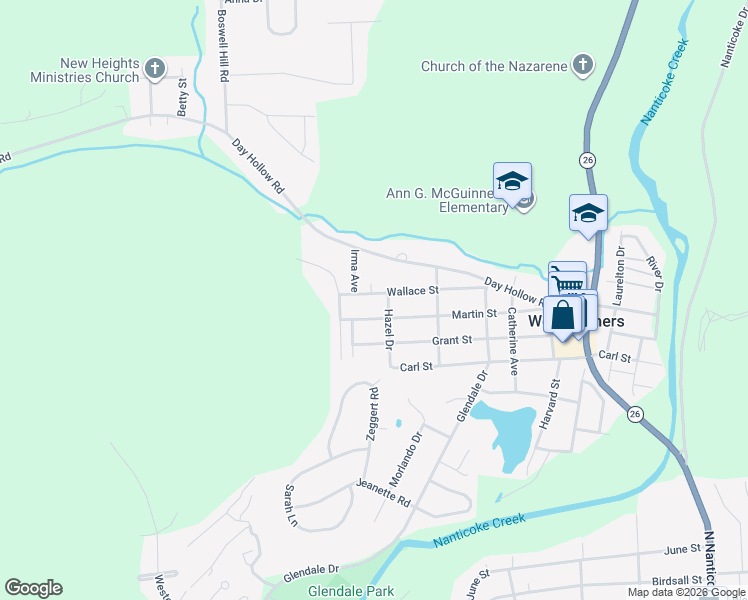 map of restaurants, bars, coffee shops, grocery stores, and more near 1205 Hazel Drive in Endicott