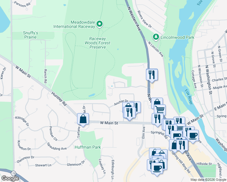 map of restaurants, bars, coffee shops, grocery stores, and more near 321 Spring Point Drive in Carpentersville