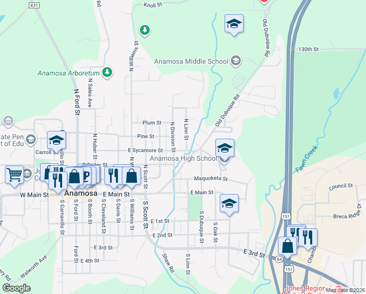 map of restaurants, bars, coffee shops, grocery stores, and more near 400 North Linn Street in Anamosa