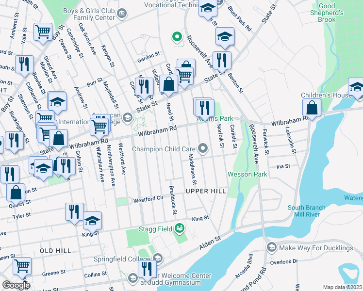 map of restaurants, bars, coffee shops, grocery stores, and more near 43 Wellington Street in Springfield