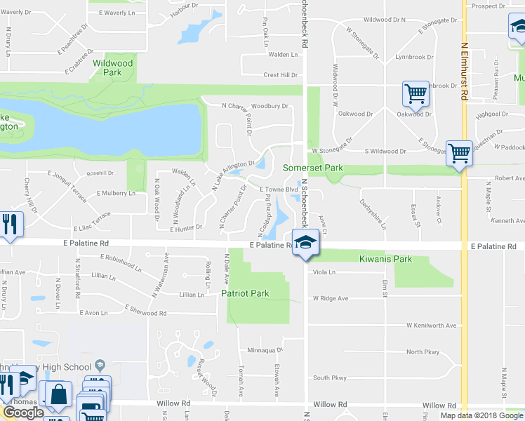 map of restaurants, bars, coffee shops, grocery stores, and more near 1974 North Coldspring Road in Arlington Heights