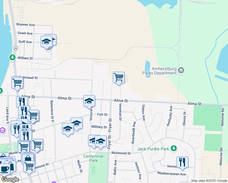map of restaurants, bars, coffee shops, grocery stores, and more near 10 Renaud Street in Amherstburg