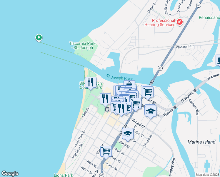 map of restaurants, bars, coffee shops, grocery stores, and more near 200 Vine Street in St. Joseph