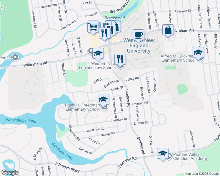 map of restaurants, bars, coffee shops, grocery stores, and more near 45 Keddy Street in Springfield