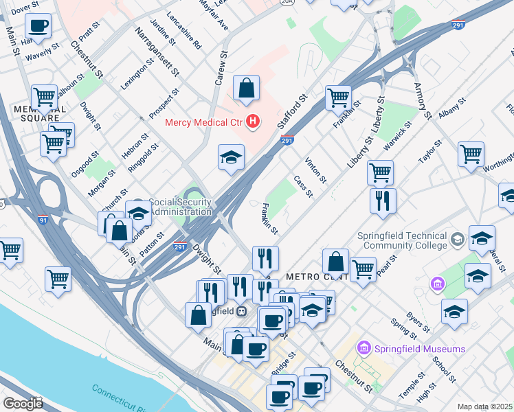 map of restaurants, bars, coffee shops, grocery stores, and more near 27 Saab Court in Springfield