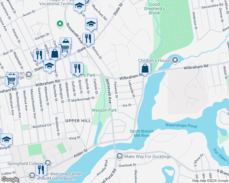 map of restaurants, bars, coffee shops, grocery stores, and more near 61 Fenwick Street in Springfield