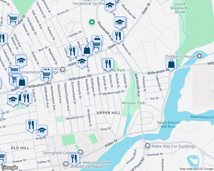 map of restaurants, bars, coffee shops, grocery stores, and more near 66 Suffolk Street in Springfield