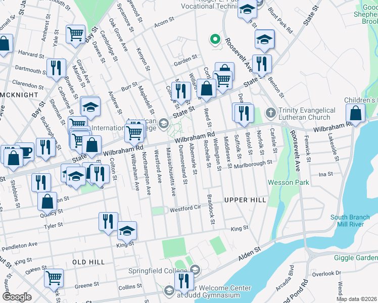 map of restaurants, bars, coffee shops, grocery stores, and more near 37-39 Dunmoreland Street in Springfield