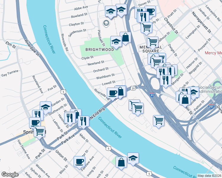 map of restaurants, bars, coffee shops, grocery stores, and more near 131 Riverside Road in Springfield