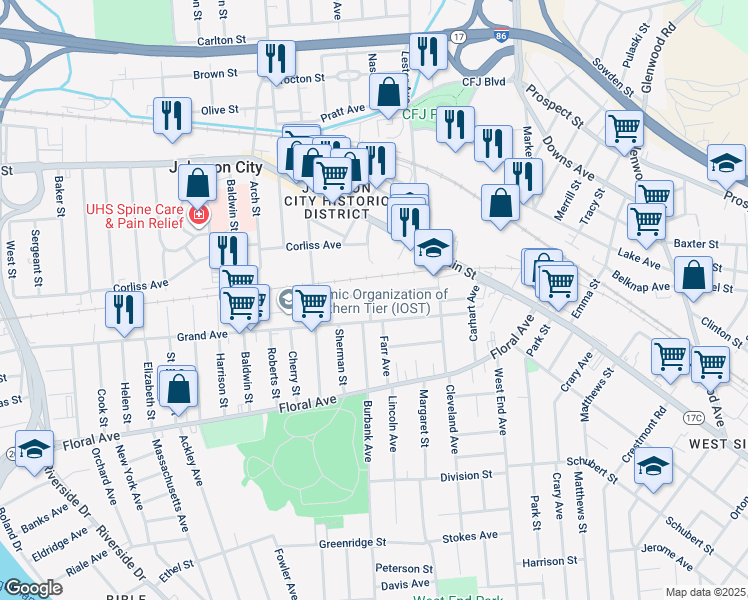 map of restaurants, bars, coffee shops, grocery stores, and more near 99 Grand Avenue in Johnson City