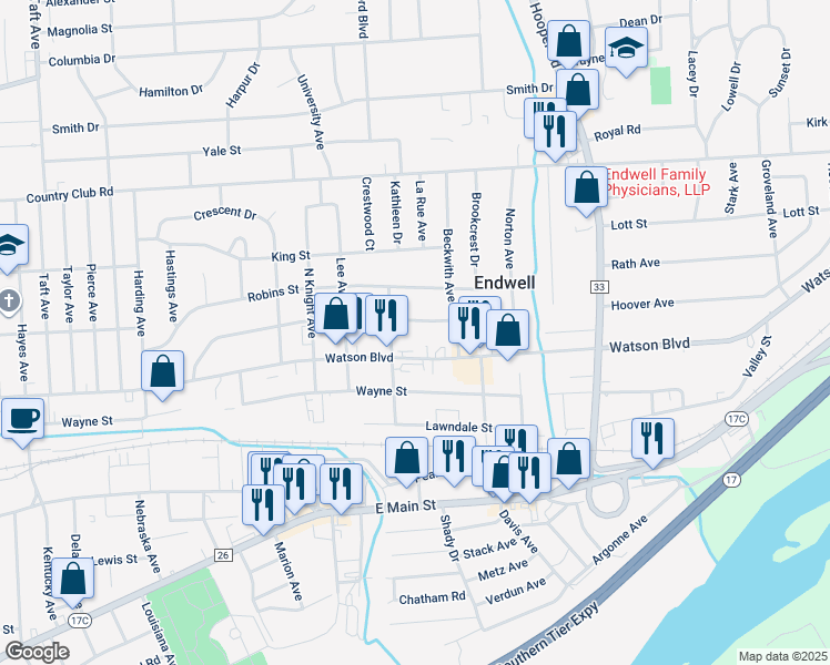 map of restaurants, bars, coffee shops, grocery stores, and more near 3109 Watson Boulevard in Endicott